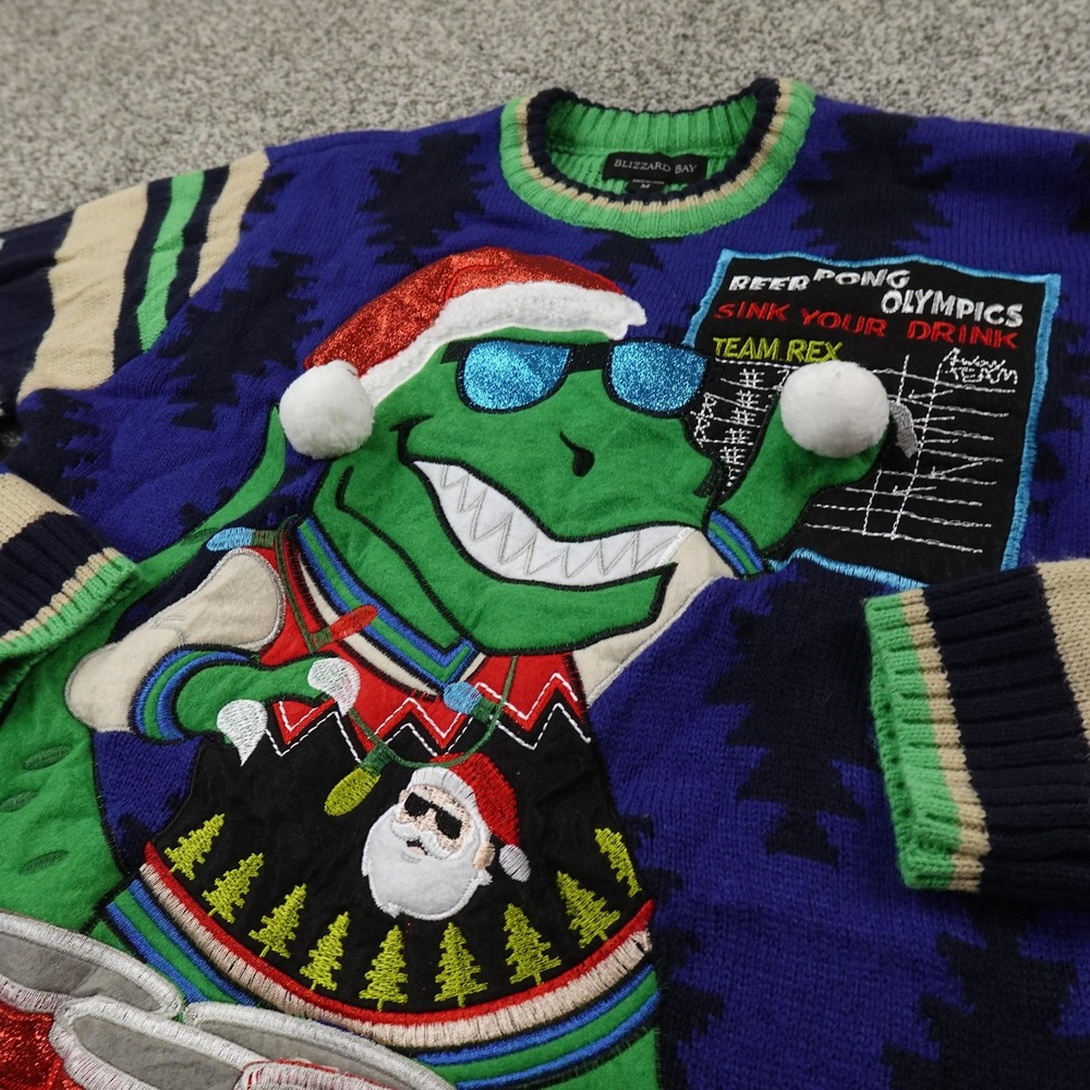 Blizzard Bay Sweater Mens M Blue Ugly Christmas Santa T Rex Beer Pong 3D Novelty